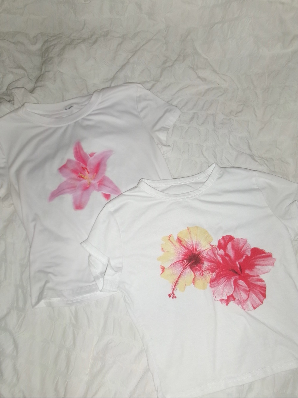 Two White Floral Graphic Tee with Pink & Yellow Blooms